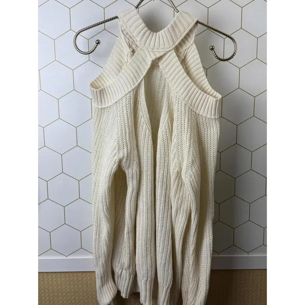 Free People Cream Strap Open Shoulder Half Moon Bay Rib Sweater - Size - Small